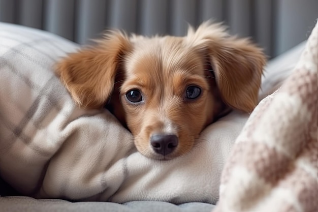 Little cute dog lying on blanket in his bed