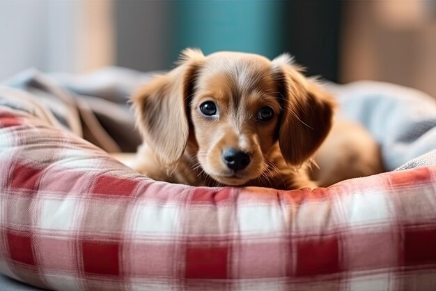 彼のベッドに横たわっている可愛い小さな犬