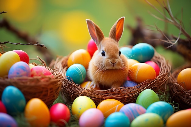 Little cute Easter bunny and bright eggs