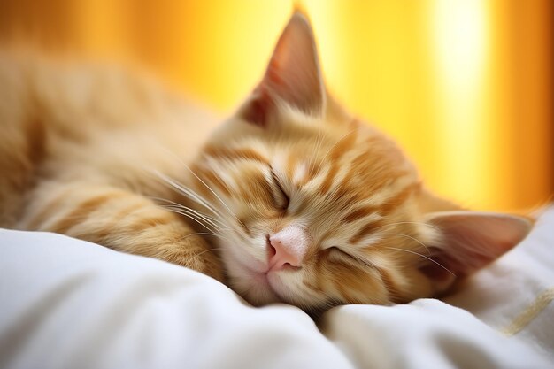 Little cute ginger kitten sleeping in soft bed