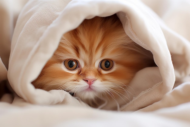 Little cute ginger kitten sleeping in soft bed