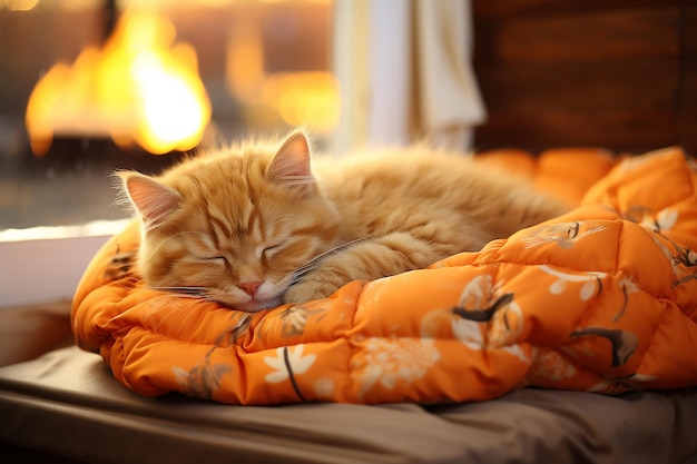 Photo little cute ginger kitten sleeping in soft bed