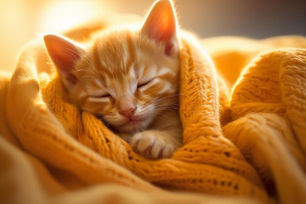 Little cute ginger kitten sleeping in soft bed