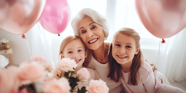 Little cute girl her attractive young mother and charming grandmother are standing with balloons and flowers in a bright room