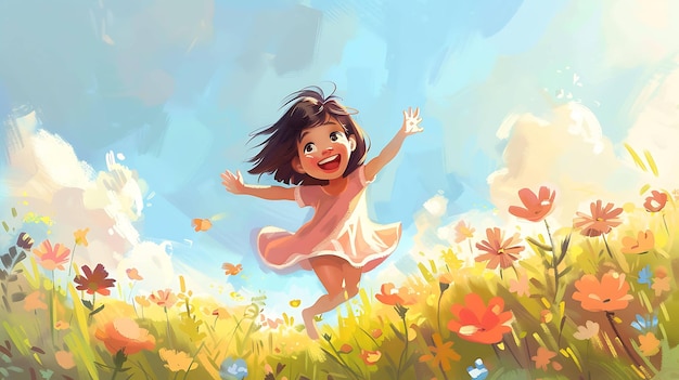 Little cute girl is happily running through a field of flowers on a sunny day