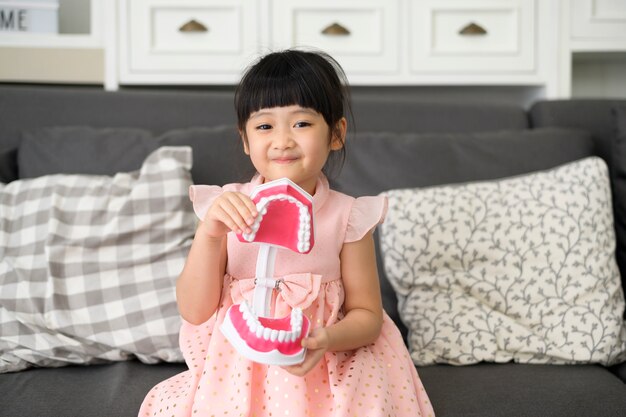 A Little cute girl is holding an artificial Dental Model Of Human Jaw indoors, education and health concept.