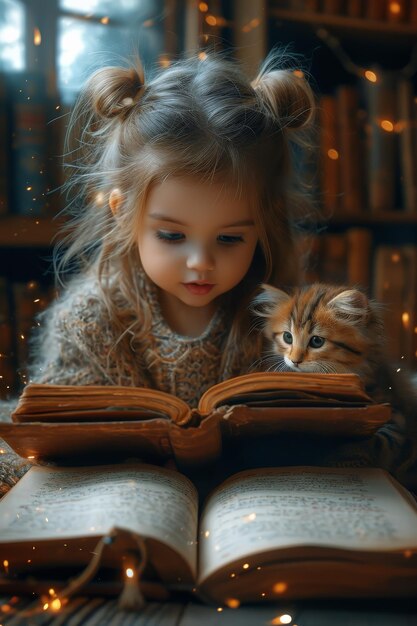 Little cute girl is reading book with kitten sitting on it