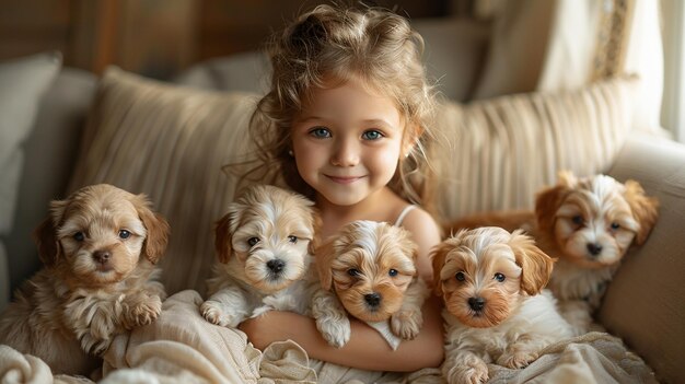 Photo a little cute girl is sitting on the sofa in the living room and holding puppies in her hands