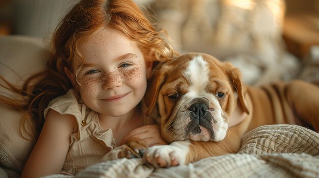 A little cute girl is sitting on the sofa in the living room and holding puppies in her hands