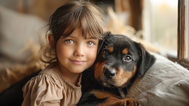 A little cute girl is sitting on the sofa in the living room and holding puppies in her hands