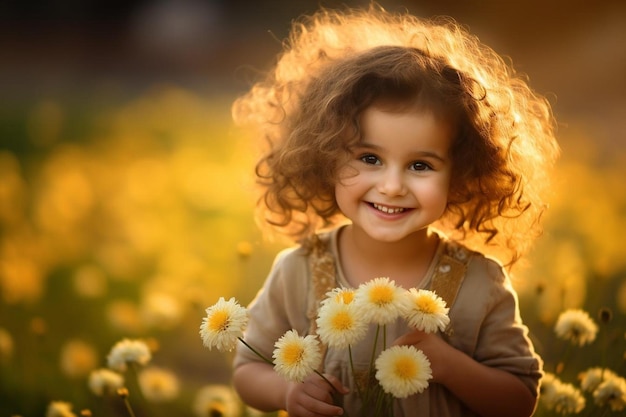 little cute girl in long gradient dress and with curly hairs is picking dandelion flowers in