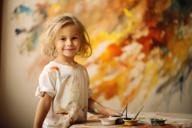 Little cute girl playing with paints