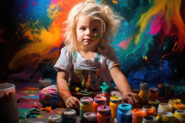 Little cute girl playing with paints