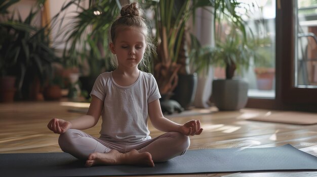 Little cute girl practicing yoga pose on a mat indoor