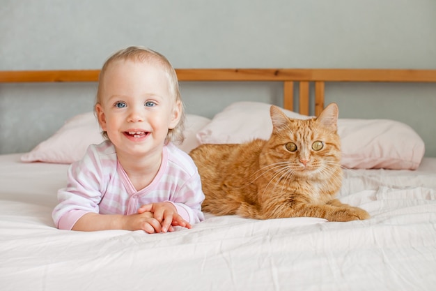 小さなかわいい女の子が太った生姜猫のストロークでベッドに座って、彼と遊ぶ