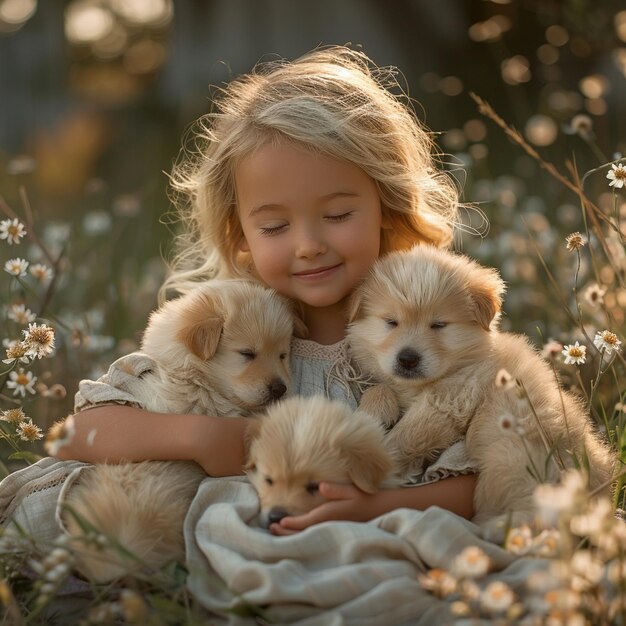 A little cute girl sits near her house in the summer and holds puppies in her hands