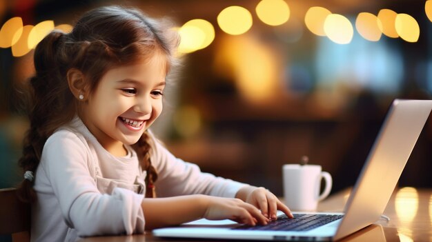 Little cute girl sitting and looking in her laptop Created with Generative AI technology