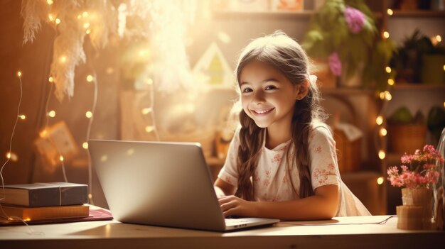 Little cute girl sitting and looking in her laptop Created with Generative AI technology