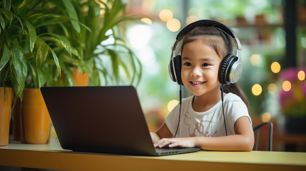 Photo little cute girl sitting and looking in her laptop created with generative ai technology