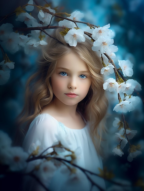 A little cute girl stands next to the flowering branches in the spring