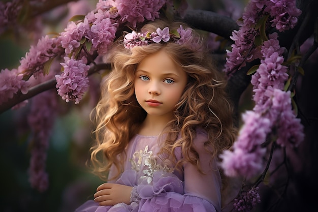 봄에는 꽃이 만발한 가지 옆에 귀여운 소녀가 서 있습니다.