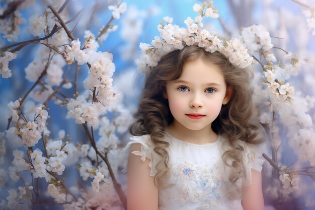 A little cute girl stands next to the flowering branches in the spring