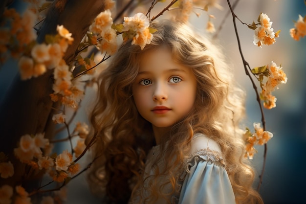 A little cute girl stands next to the flowering branches in the spring