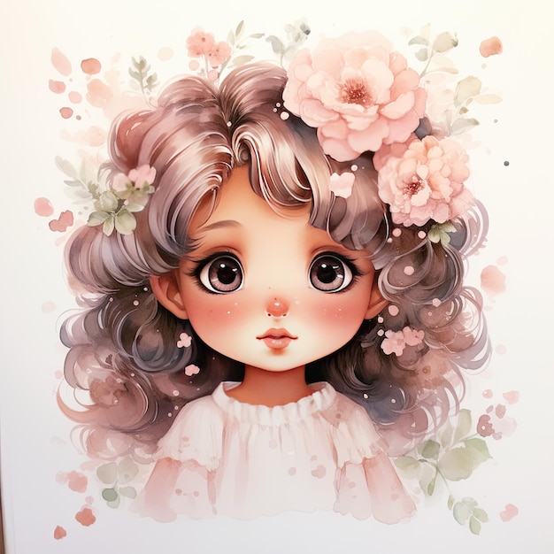 Little cute girl watercolor withy flowers