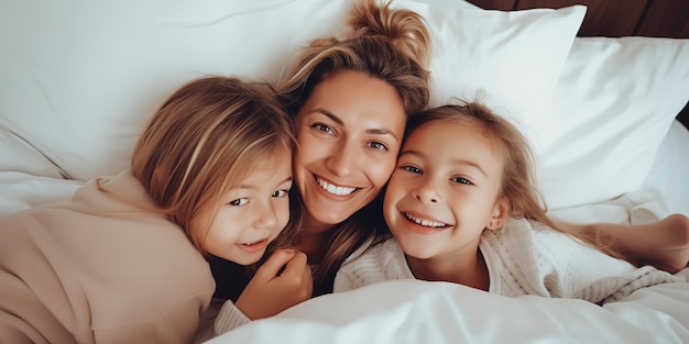 Little cute girls and their attractive young mother lie on the bed and spend time together at home