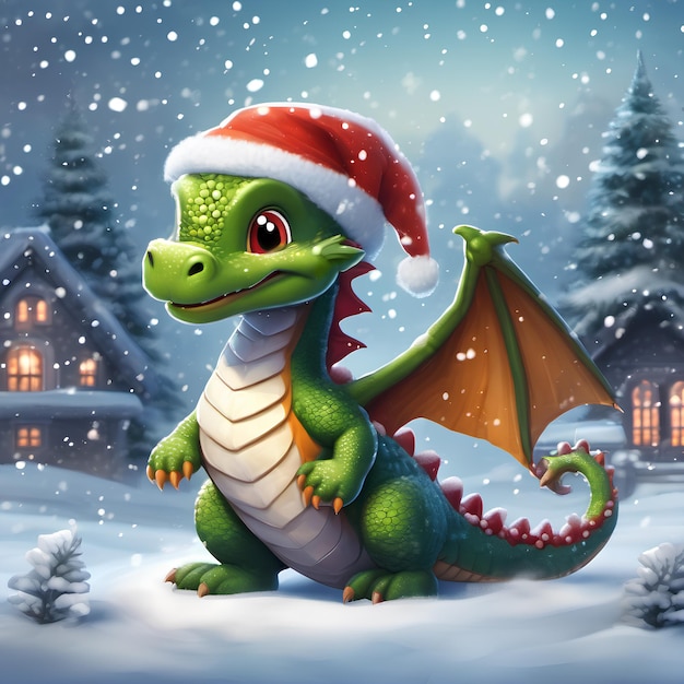 A little cute green dragon stands in a winter village and smiles Dragon in a red scarf and cap
