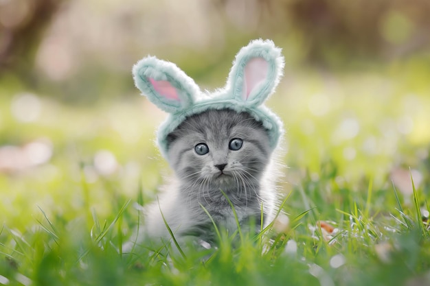 Photo little cute grey kitten wearing blue toy rabbit ears hat sitting on a green grass lawn