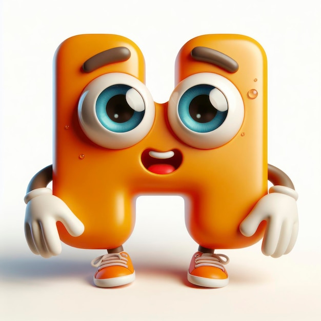 little cute happy letter H 3d character with bulging eyes on solid a white background ai generative