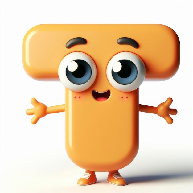 Photo little cute happy letter t 3d character with bulging eyes on solid a white background ai generative