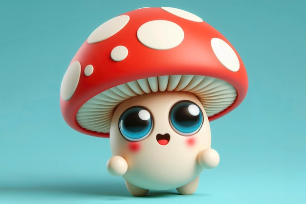 Photo little cute happy mushroom 3d character with bulging eyes on solid a white background ai generative