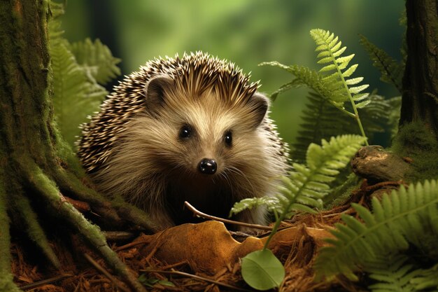 Little cute hedgehog in the green grass in the forest among mushrooms fly mushrooms