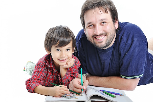 A little cute kid painting on white background