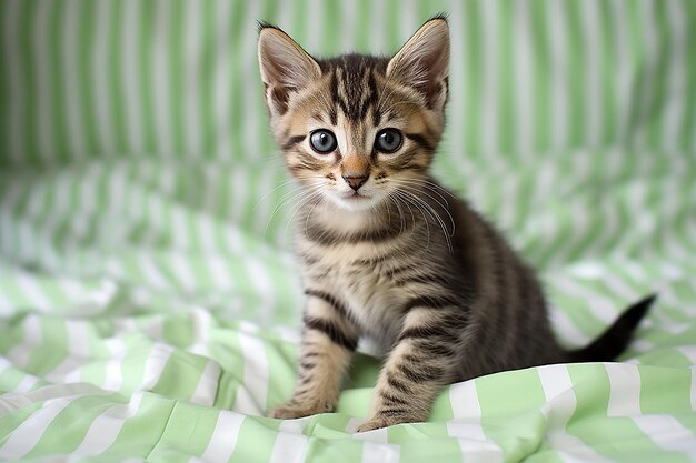 Little cute kitten lying in a light soft bed