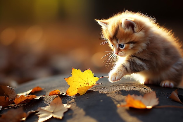 Маленький милый котенок гуляет по природе в солнечный день
