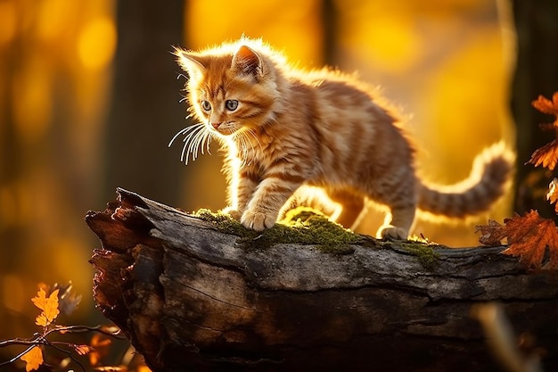 Little cute kitten walking in nature on a sunny day