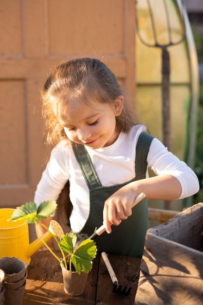 少しかわいい長髪の農家の女の子が植物の植え付けに取り組んでいます 村の菜園 ガーデニング エコロジー