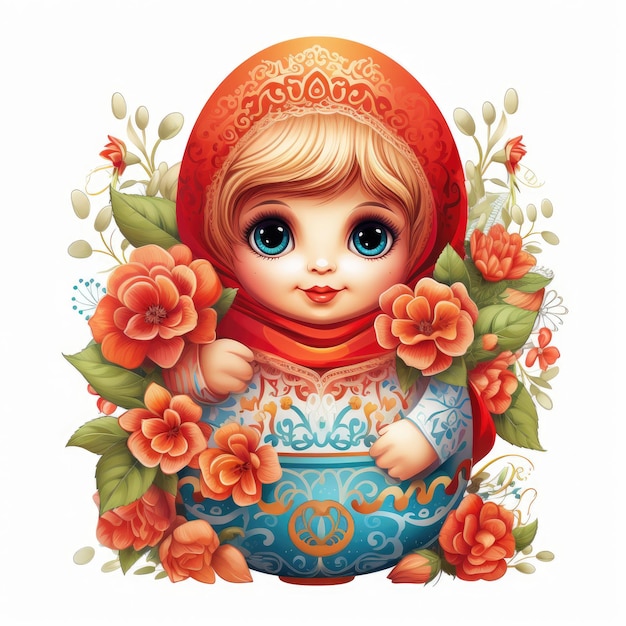 Photo little cute matryoshka girl in flowers