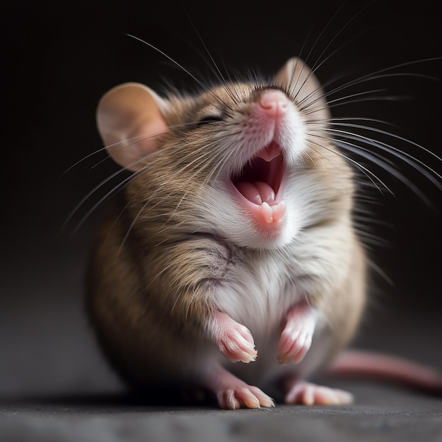 Little cute mouse laughs smiles closeup portrait funny photo with animal pets