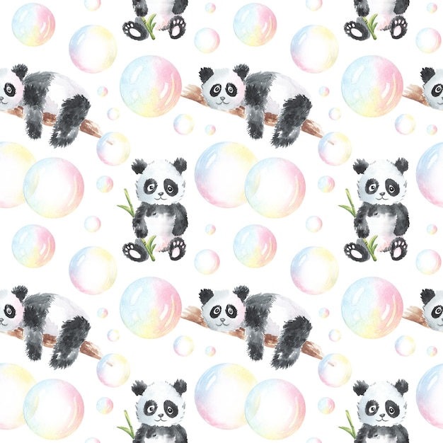 Little cute panda with colorful soap bubbles watercolor hand drawn illustration of seamless pattern