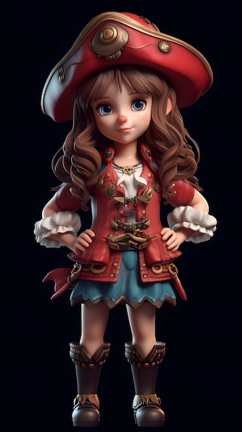 Little Cute Pirate Girl Prachtig meisje gezicht karmozijnrood kleurrijk Volledig patroon Kleding fantasy stijl