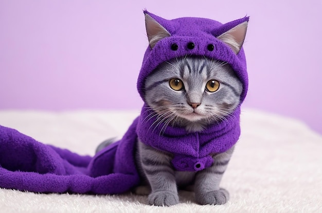 Little cute purple cat wear halloween costume at spooky day