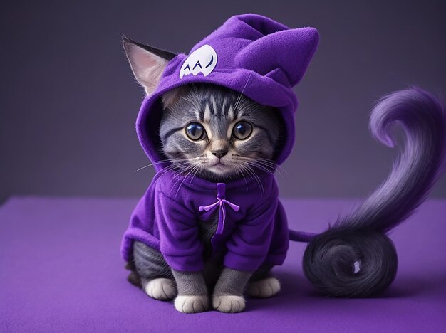 Little cute purple cat wear halloween costume at spooky day