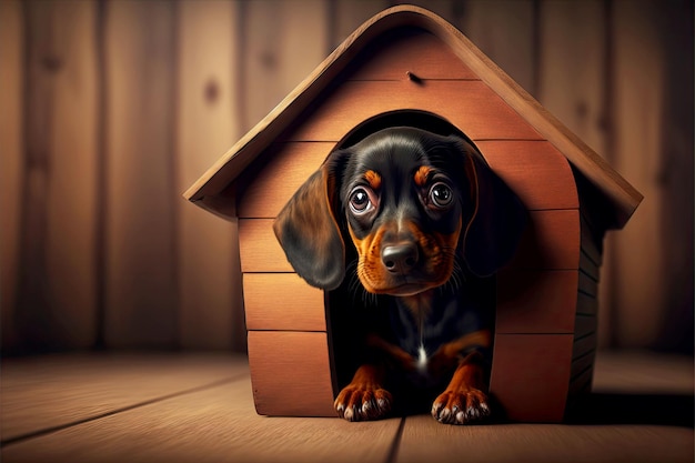 Little cute puy in wooden doghouse home