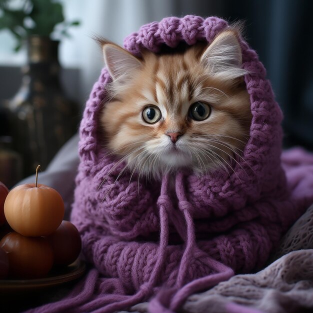 인공지능이 생성한 뜨개질 옷을 입은 귀여운 빨간 새끼 고양이