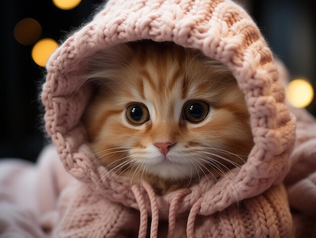 Photo little cute red kitten in knitted clothes ai generated