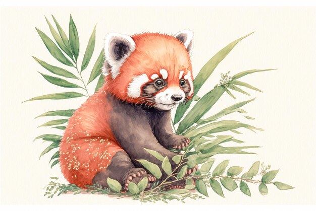 Little Cute Red Panda play in bamboo leaves Watercolor paint Generative AI